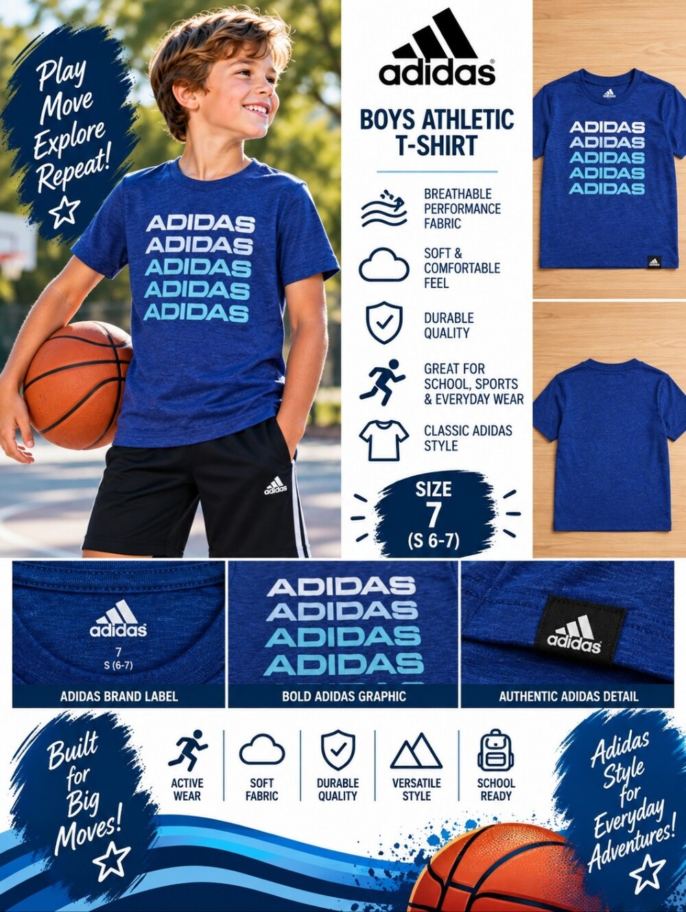 Adidas boys size 7 blue athletic top #35